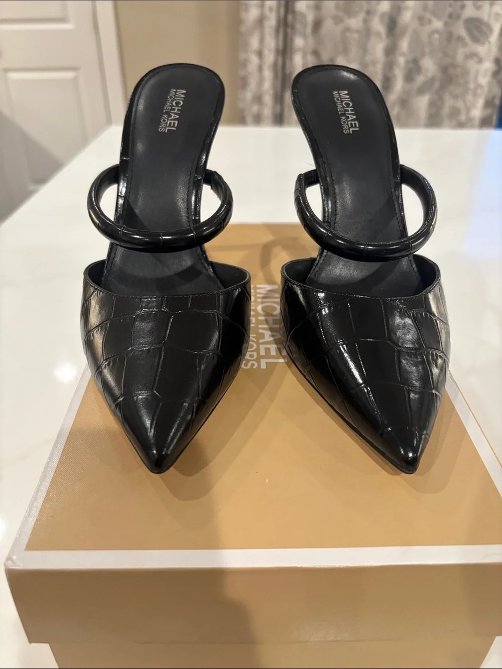 Michael Kors Black Croc-Embossed Pointed Stiletto Mule Heels